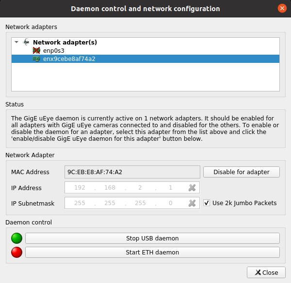 Fig. 93: IDS Camera Manager - Daemon control